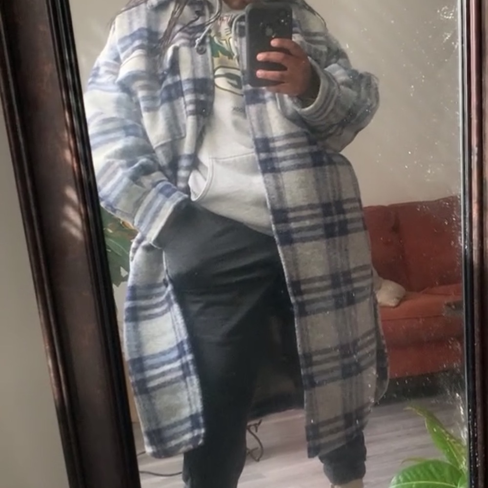 H&M Gray and Blue Plaid Coat-Oversized
